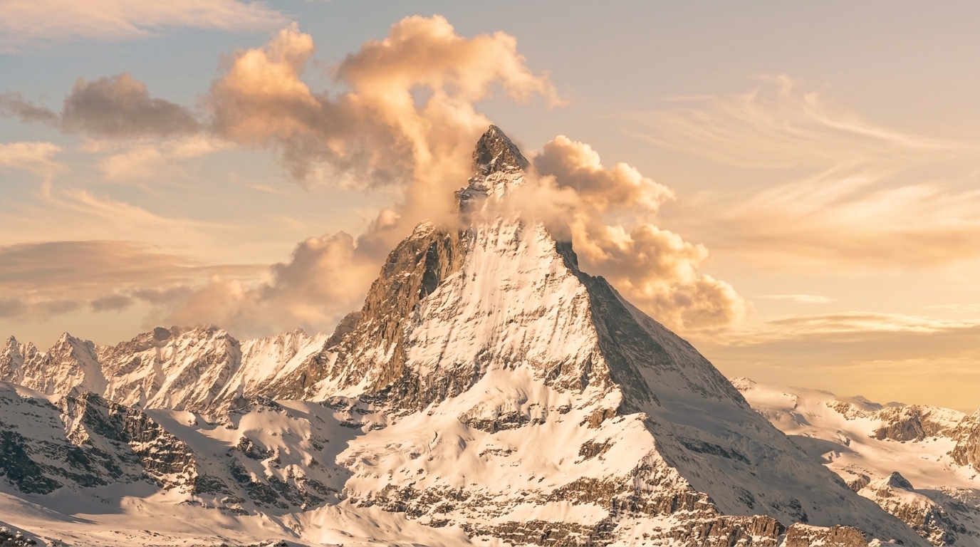 Verschneiter Schweizer Berggipfel im Morgenlicht